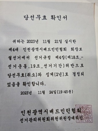 인천 배드민턴협회장 보궐선거 '불법선거운동' 파장