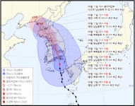 [2023년 태풍 경로: 6호 카눈] 10일 12시 대구 서남서쪽 50km 부근 육상 접근...15시 청주, 21시 서울 접근