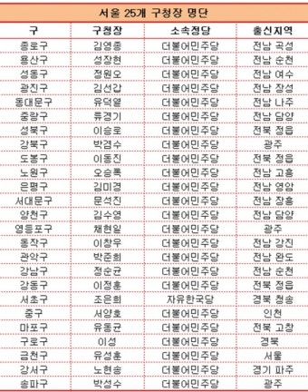 서울시 25개구 중 24개 구청장이 더불어민주당, 