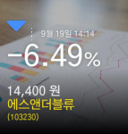 (에스앤더블류주가) 19일 오후 2시 14분정보 -6.49% 14,400원