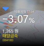 (태양금속주가) 10일 오전 11시 04분정보 -3.07% 1,265원