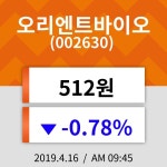 16일 (오리엔트바이오정보) 주가 -0.78% 512원