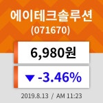 13일 (에이테크솔루션정보) 주가 -3.46% 6,980원
