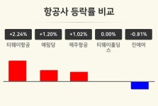 [항공사업 오후 시황] 티웨이항공 +2.24%·예림당 +1.20%·제주항공 +1.02% 등