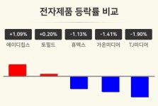 [전자제품업종 마감 시황] 에이디칩스 +1.09%·토필드 +0.20%·휴맥스 -1.13% 순