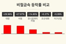 [비철금속업 마감 시황] 대창 +29.96%·서원 +27.87%·유니온머티리얼 +14.85% 등