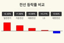 [전선테마 마감 시황] 일진전기 +2.45%·가온전선 +1.60%·대원전선 +0.80% 순