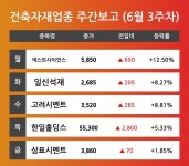 [6월 3주차 건축자재 업종 리포트] 넥스트사이언스, 일신석재, 고려시멘트, 한일홀딩스, 삼표시멘트 등 견인 