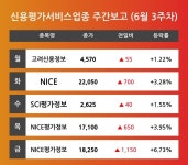 [6월 3주차 신용평가서비스 업종 리포트] 주요 종목 고려신용정보, NICE, SCI평가정보, NICE평가정보 등으로 나타나 