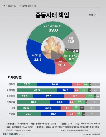 [스트레이트뉴스 여론조사] 중동사태 책임, 이슬람 무장단체 33.0% vs 이스라엘 32.5% '비등'