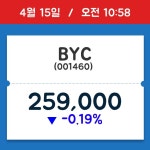 [주식 현재가] BYC, 10시 58분 현재가 259,000원…종목동정