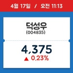 [주가정보] 덕성우, 11시 13분 현재가 4,375원…연중 최고가 얼마?