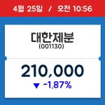 [주가정보] 대한제분, 10시 56분 현재가 210,000원…종목동정