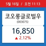 [종목시황] 코오롱글로벌우, 11시 13분 현재가 16,850원…연중 최고가 얼마?