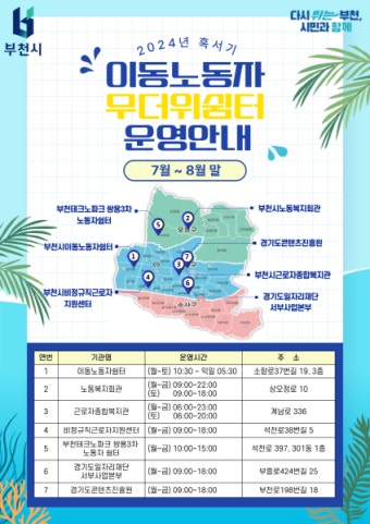 부천시, 8월까지 '혹서기 이동노동자 무더위쉼터' 확대 운영