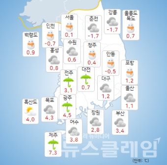 [오늘 날씨] 오전까지 충청, 남부지방 눈·비 '도로 살얼음 주의'… 낮 최고기온 서울 4도 수원 5도 대구 8도 제주 9도