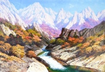[정형렬의 북한미술 산책] 한태순의 금강산의 봄...몽환속의 신령스러운 산, 동화속 상상의 세계처럼 묘사