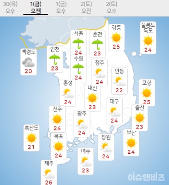 [내일날씨]수도권·강원산지 장맛비 전날부터 50∼150 대구 낮 35도ㆍ포항 34도 폭염