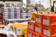 과일박스가 높게 쌓인 공판장