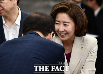 당대표 출마선언한 나경원 '웃음 지으며 의원들과 인사' [TF사진관]