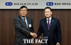 악수하는 김영호 통일부 장관과 신동천 경제·인문사회연구회 이사장 [포토]
