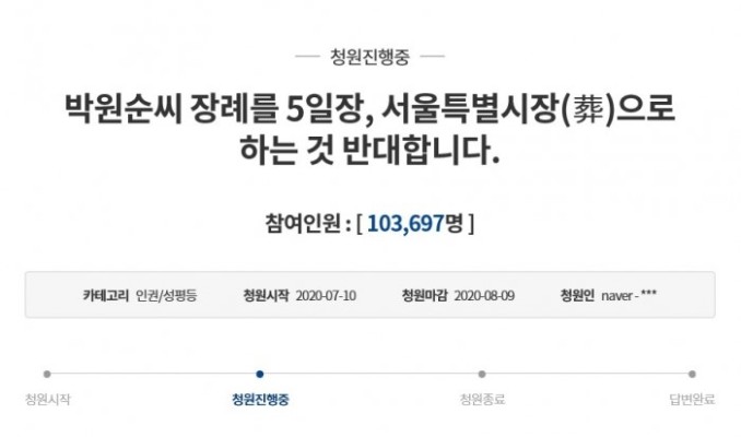 ‘故 박원순 5일장·서울특별시장(葬) 반대’ 청와대 국민청원 10만 돌파 | 포스트
