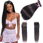 Gabrielle 16 18 20+14 Inch Brazilian Remy Human Straight Hair 3 Bundles With 4x4 Free Part Lace Clos : buying007