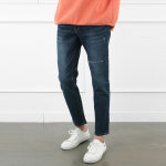 프리미엄 슬림 다크 블루 데미지 청바지 H0093 : 용지팩토리