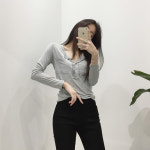 쉐링 또또단추 반오프 무지 스판 긴팔 티셔츠 : 언니느낌