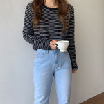 (무료배송) 마카롱 포인트 스트라이프 단가라 봄 니트 : 블랙모니카