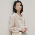 [뽐남]캐주얼 로맨스 베이직 심플 단색 프릴 둥근 카라 차이나 공 단추 주름 블라우스 SW03169NH : 뽐남