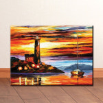 OP052 유화 석양 등대와 보트 캔버스액자 : 벽시계