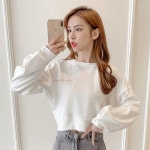 여성티셔츠 맨투맨 봄옷 오버핏 쇼트 크롭 긴팔 후드 레터링 자수 라운드 상의 : 자두쇼핑