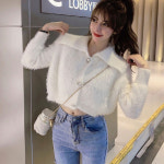 여성 가을 포근한 빅카라 보석 크롭 가디건 (아이보리, 블랙) : 유어밤