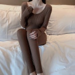 긴팔 잠옷 라운드 넥 따뜻한 투피스 파자마 슈트 : 유리야마켓