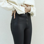 지퍼 레자 코팅 가죽 바지 하이웨스트 여자 여성 스키니 바지 팬츠 스판 밴딩 블랙바지 : 펑키닐