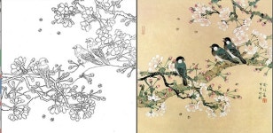 공필화도안 벚꽃과 새 민화도안 채색화도안 D-1149 : 은향필방
