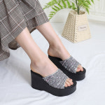 (국산) 10cm 트위드 키높이 웨지 통굽 여자 사무실 여성 슬리퍼 : 런슈즈
