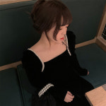 벨벳원피스 달인.탕수 우아한 백조목연간 흑치마 통통mm살코기 진주 벨벳 원피스 : 1985마켓