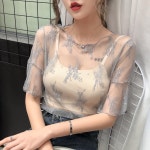[익일출고]라운드넥 레이어드 레이스 이너 블라우스 시스루 5부 티 : 인기언니샵