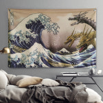 킹기도라 & 가나가와 해변의 높은 파도 아래 대형 패브릭 포스터 : 핫딜홀릭