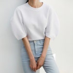퍼프 벌룬소매 반팔티 블라우스 러블리 슬림핏 티셔츠 무지 여름 데일리 오피스 출근 하객룩 : 마망스타일