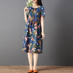 여성 복고 클래식 플라워 면 마 린넨 여름 A라인 미디 원피스 HEA027 : 해밀세상