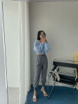 핀턱 밴딩 하이웨스트 배기 와이드 조거 슬랙스 : 연로그