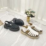 [모브딜라잇shoe] 매듭 버클 스트랩 웨지통굽 샌들 (블랙 화이트) h1058 : 모브딜라잇