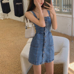 여성 끈나시 멜빵 청 데님 랩 미니 슬림 H라인 미디 비치원피스 시원한 바캉스룩 휴양지 : 마스박스