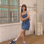 여성 끈나시 멜빵 청 데님 랩 미니 슬림 H라인 미디 비치원피스 시원한 바캉스룩 휴양지 : 마스박스