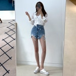 에이컷 골반핏 돌청바지 여자5부청반바지 연청 여름 초미니핫팬츠 : 레베핏