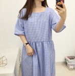 시어서커 스퀘어넥 루즈핏 프릴 체크 지지미 롱 원피스 : 어썸브라운