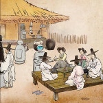 현대풍 민속화 민속도 선비 주모 한식 주점 전통차 장터 시골 한옥 막걸리 노래 파르텔 민속벽지 시트지 롤스크린 롤스크린 : 으뜸데코